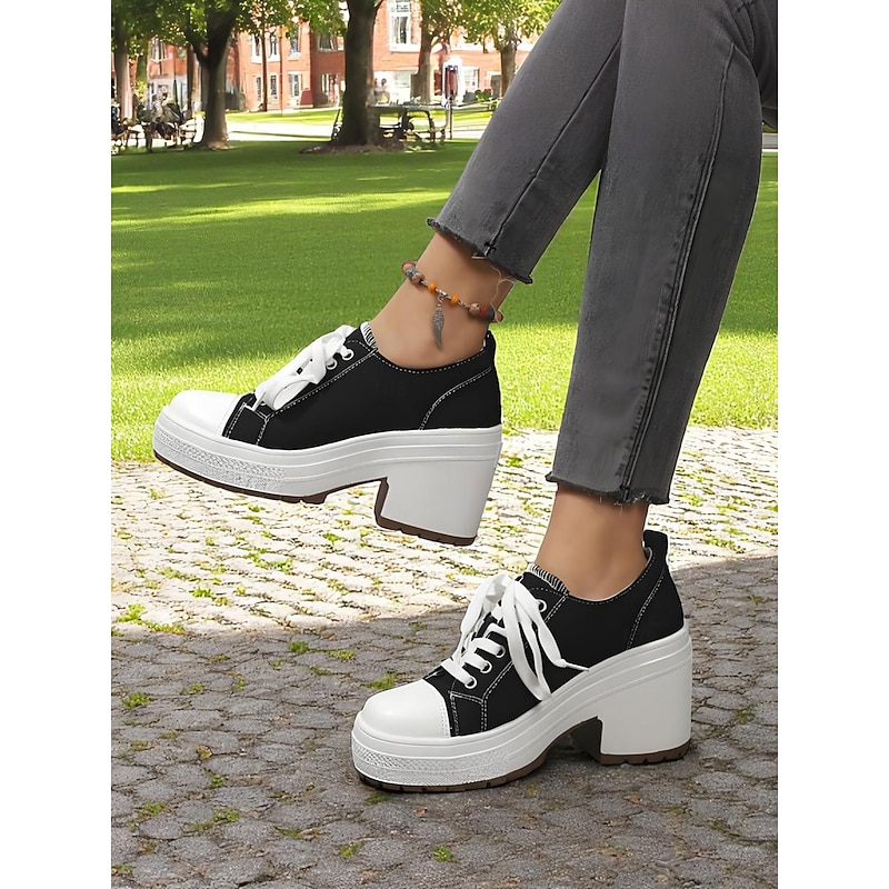 Women's Black Platform Chunky Heel Canvas Sneakers – Lace-Up Retro Street Style Shoes for Teens and Young Adults for Daily Walks Campus Life and Casual Outings2