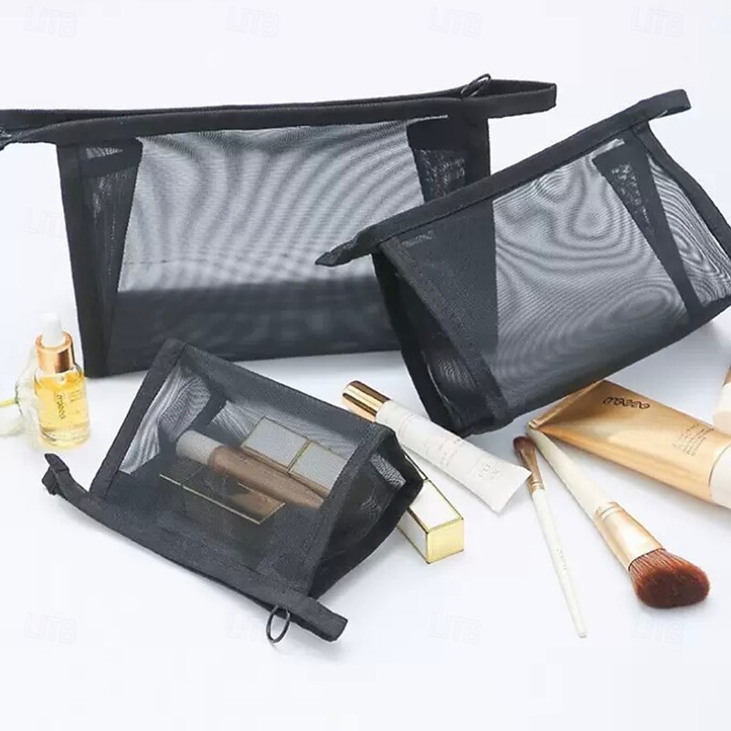 3pcs Nylon Mesh Makeup Bags, Large Medium Small Portable Black Transparent Makeup Pouches for Lipstick and Cosmetic Storage