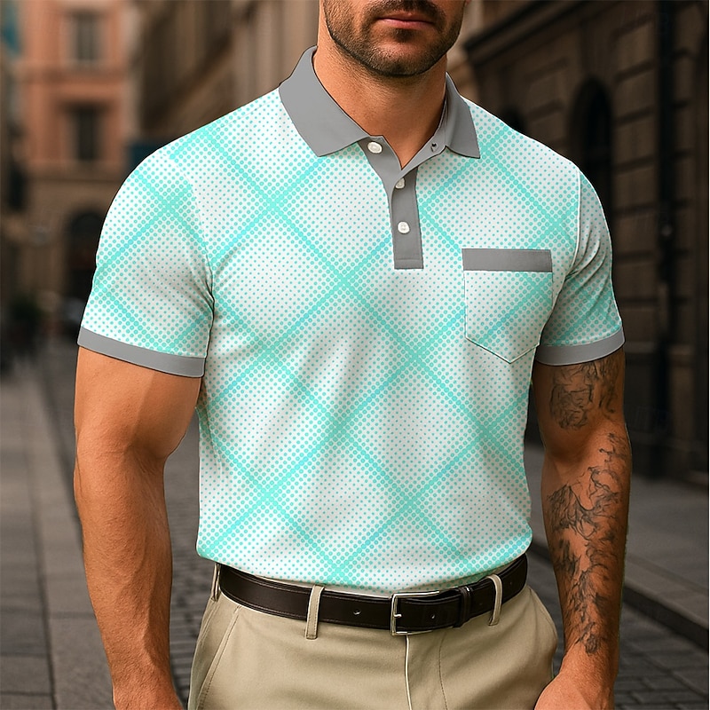 Men's Plaid Polo Short Sleeve Turndown Business Casual Daily Sports & Outdoor Athleisure Casual Daily Pocket Buttons Summer White Navy Blue Green3