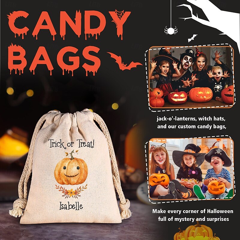 Personalized Name Halloween Treat Bag for Kids Custom Candy Tote Bag Basket for Trick or Treat, Hand-Drawn Forest Style Canvas Gift Sack, Cute Trick or Treat Bag for Toddlers4