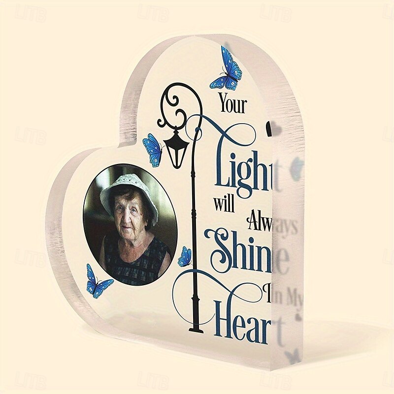 Personalized Heart Memorial Plaque with Custom Photo, Acrylic Sympathy Gift for Loved One Loss, "Your Light Will Always Shine in My Heart" Tabletop Decor2