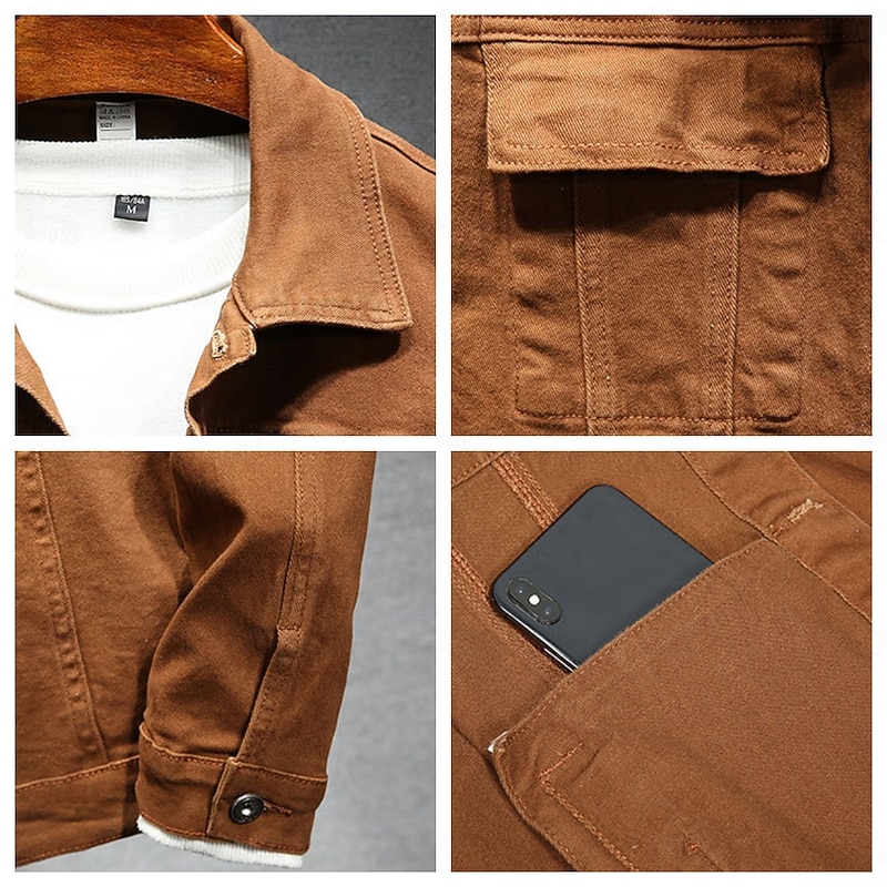 Men's Lightweight Jacket Denim Jacket Chore Jacket Formal Home Pocket Winter Spring &  Fall Autumn Solid Color Retro Vintage Korean Shirt Collar Regular Black Brown Coffee Jacket3