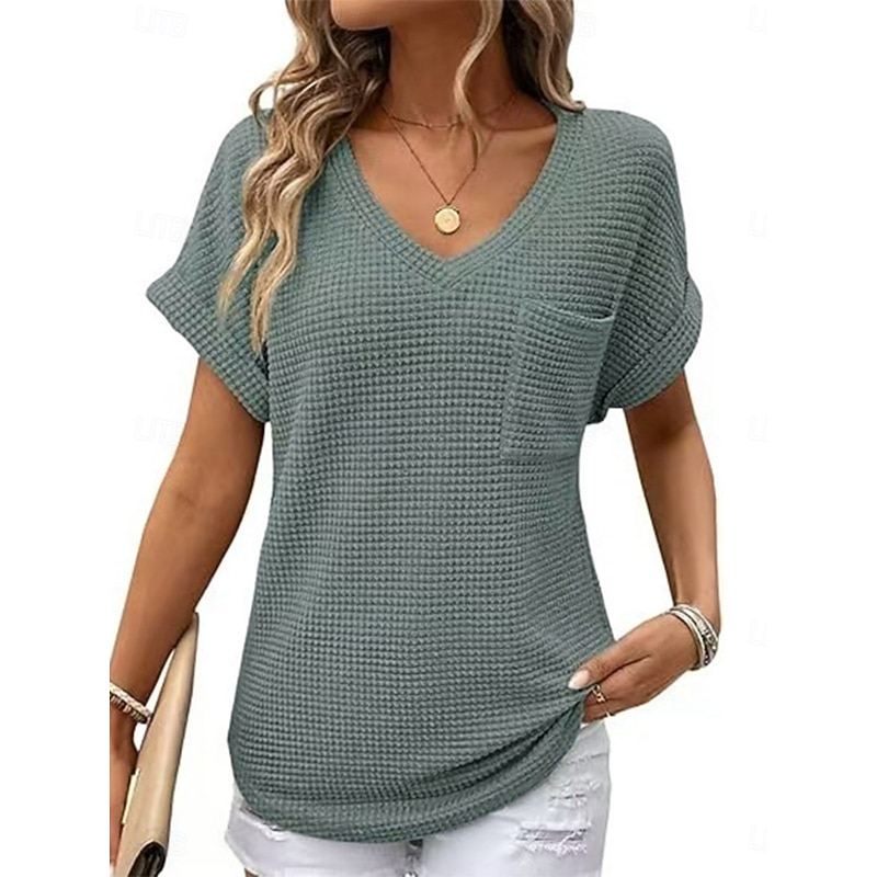 Women's Blouse Solid Color Stylish Casual Short Sleeve V Neck Regular Tops Daily Pocket Black White Pink Green Summer