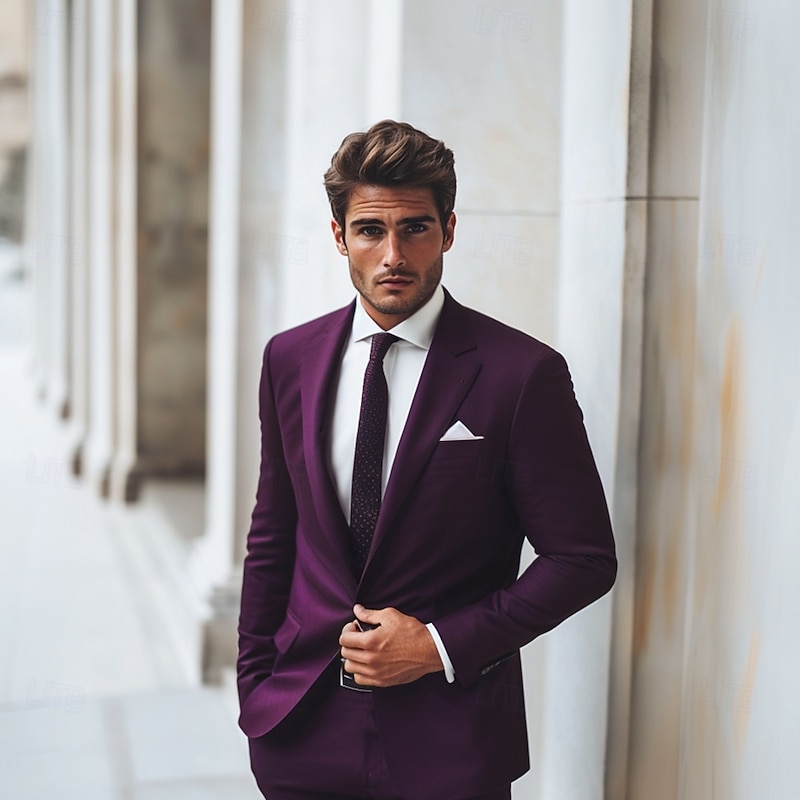 Men's Wedding Business Suits Notch Lapel Grape Royal Blue Formal WorkWear Solid Colored Standard Fit 2 Piece Single Breasted One-button4