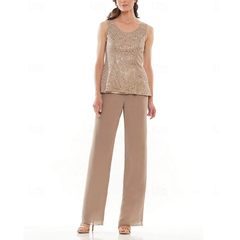 Pantsuit 3 Piece Mother of the Bride Wedding Elegant Crew Neck Floor Length Chiffon Long Sleeve with Lace Ruffles2