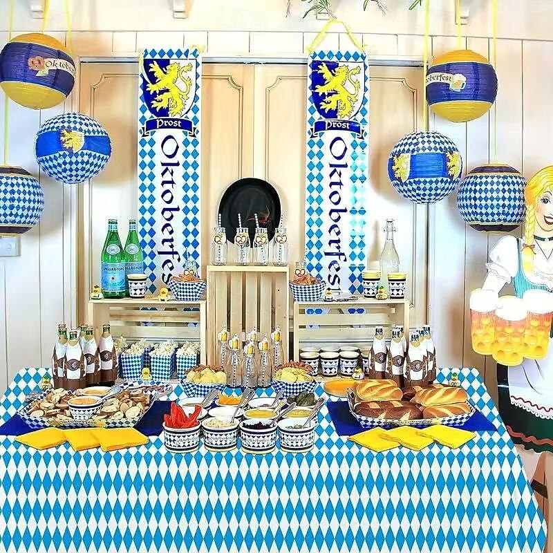 3PCS Oktoberfest Tablecloth 137 x 274cm, Bavarian Flag Blue and White Diamond Rectangular Table Cover for Oktoberfest Themed Party Decorations