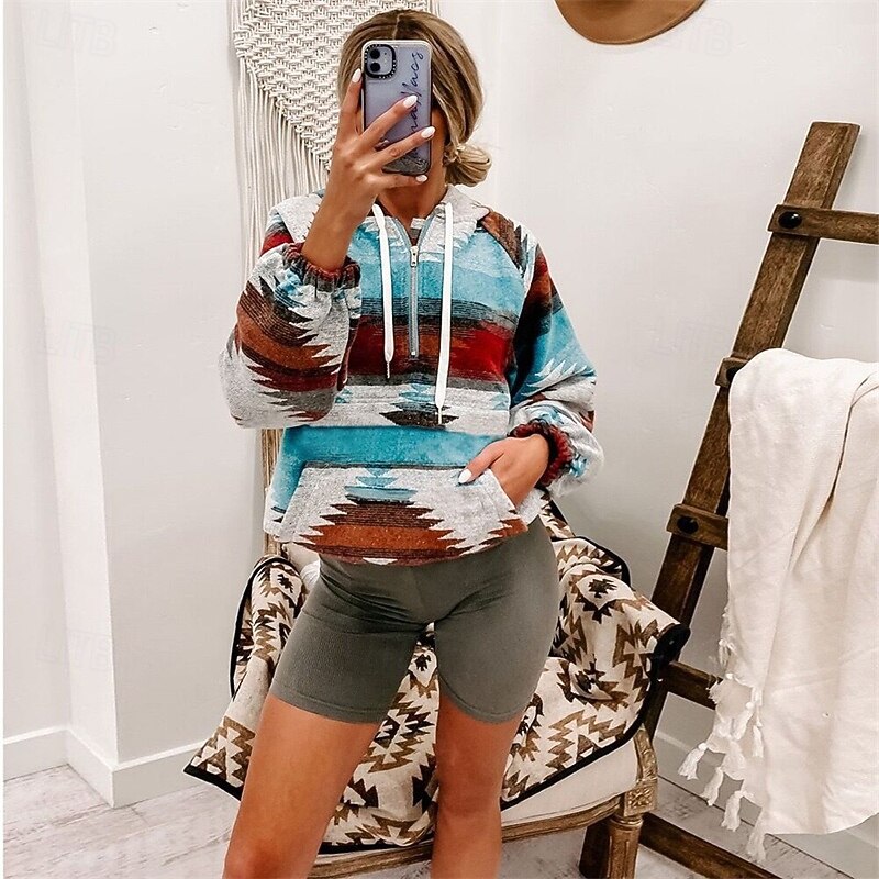 Women's Pullover Hoodie Sweatshirt Tribal Streetwear Casual Comfy Long Sleeve Hooded Regular Tops Street Holiday Going out Print Quarter Zip Blue Fall2