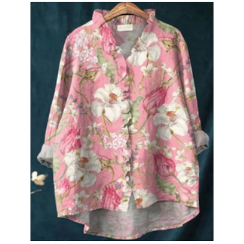 Women's Shirt Button Down Blouse Floral Stylish Casual Long Sleeve V Neck Regular Tops Daily Buttons Print Pink Red Blue Fuchsia Green Summer Spring4