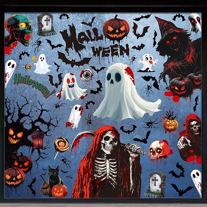 9 Sheets Halloween Window Cling Sticker Decals Decorations Double Side, Pumpkin Bat Ghost Grim Reaper Static Stickers for Glass, Halloween Party Window Decor2
