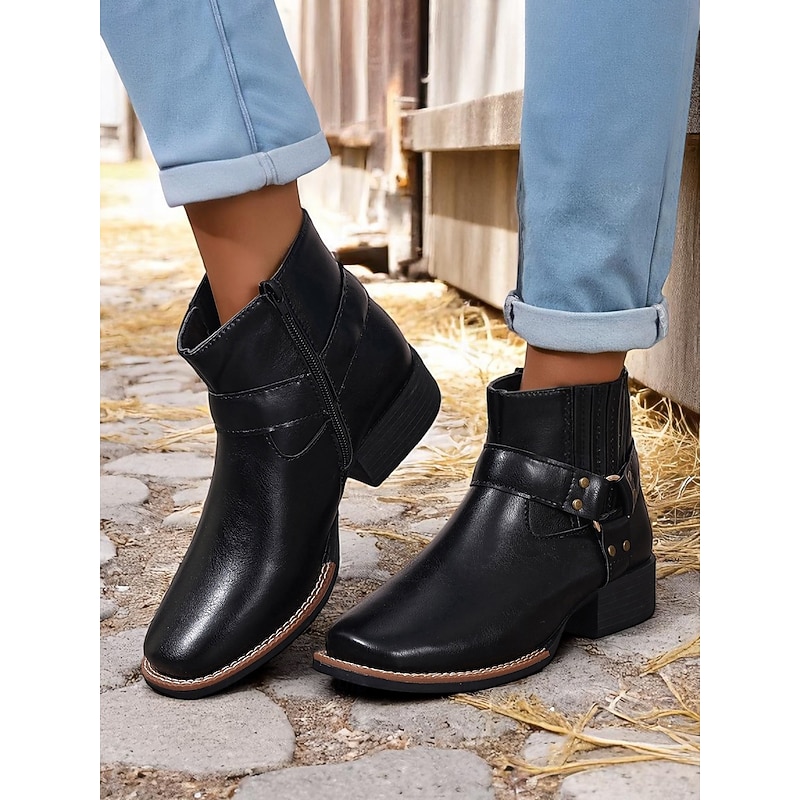 Women's Ankle Boots with Side Zipper and Strap Detail, Faux Leather, Western Style Work Shoes for Outdoor Farm Chores, Harvest Festival and Daily Wear2