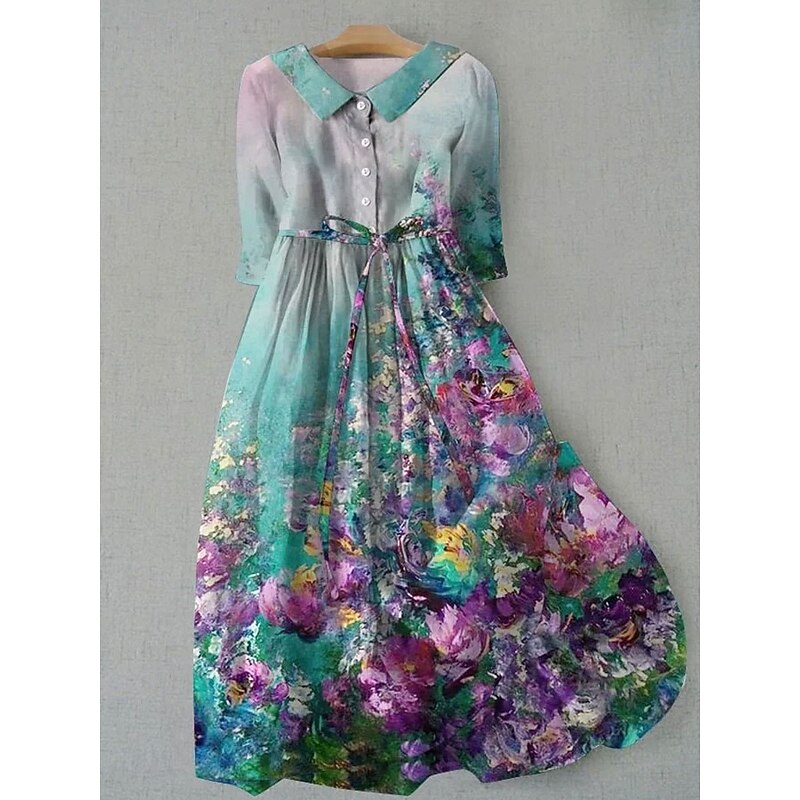 Women's Midi Dress Shift Dress Casual Daily Regular Fit Floral Graphic Half Sleeve Shirt Collar Blue Green Gray Summer Spring3