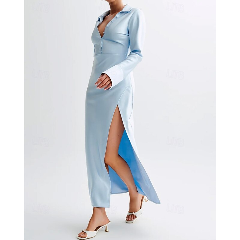 Shirt Dress Mermaid / Trumpet Mother of the Bride Dress Elegant V Neck Shirt Collar Floor Length Satin Stretch Satin Long Sleeve with Slit3