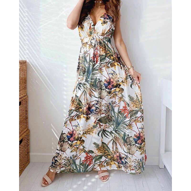 Women's Long Dress Maxi Dress Floral Dress Print Dress Fashion Modern Outdoor Vacation Holiday Regular Fit Flower Sleeveless V Neck Black White Green Summer2