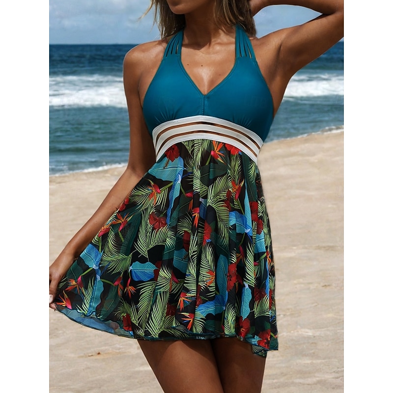 Women's Plus Size Swimwear Tankini 2 Piece Swim Dress Swimsuit 2 Piece Modest Swimwear Open Back Printing for Big Busts Vacation Cute Floral Leaf V Wire Sleeveless Bathing Suits