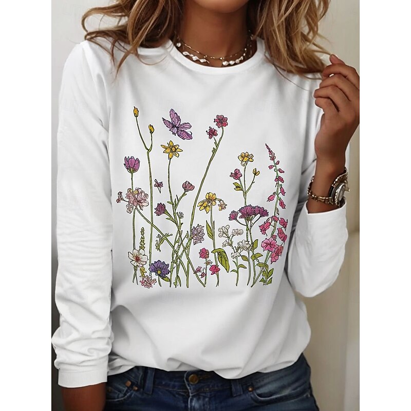 Women's T shirt Crew Neck Long Sleeve Tunic Floral Graphic Plants Vintage Stylish Classic  Round Neck Regular Tops Daily Print Black White Khaki Fall