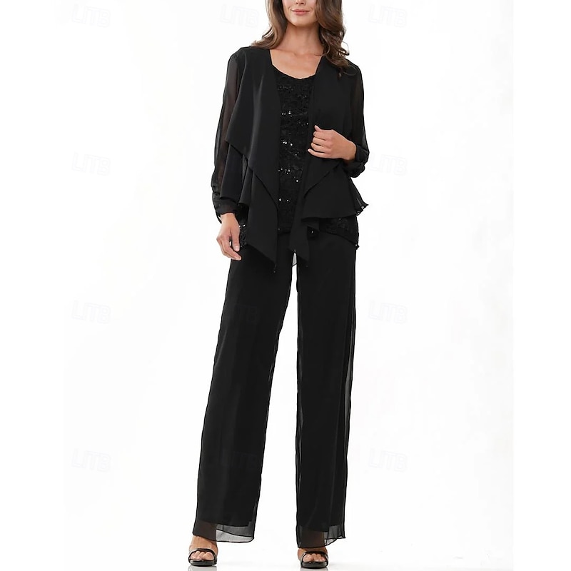 Pantsuit 3 Piece Mother of the Bride Wedding Elegant Crew Neck Floor Length Chiffon Long Sleeve with Lace Ruffles4