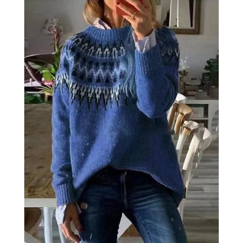 Women's Sweater Fair Isle Sweater Fashion Floral Ribbed Crew Neck Knitted Long Sleeve Regular Tops Knit Going out Weekend White Blue Fall3