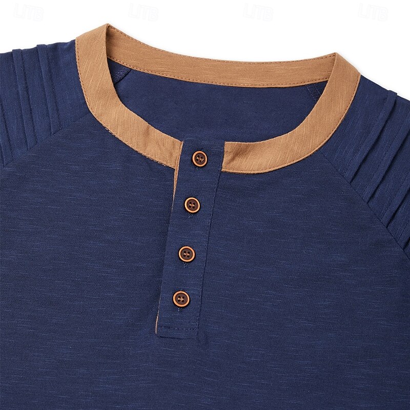 Men's Henley Shirt Tee Short Sleeve Patchwork Fashion Designer Casual Buttons Henley Outdoor Casual Daily Summer Spring Black Navy Blue Blue Henley T-Shirt2