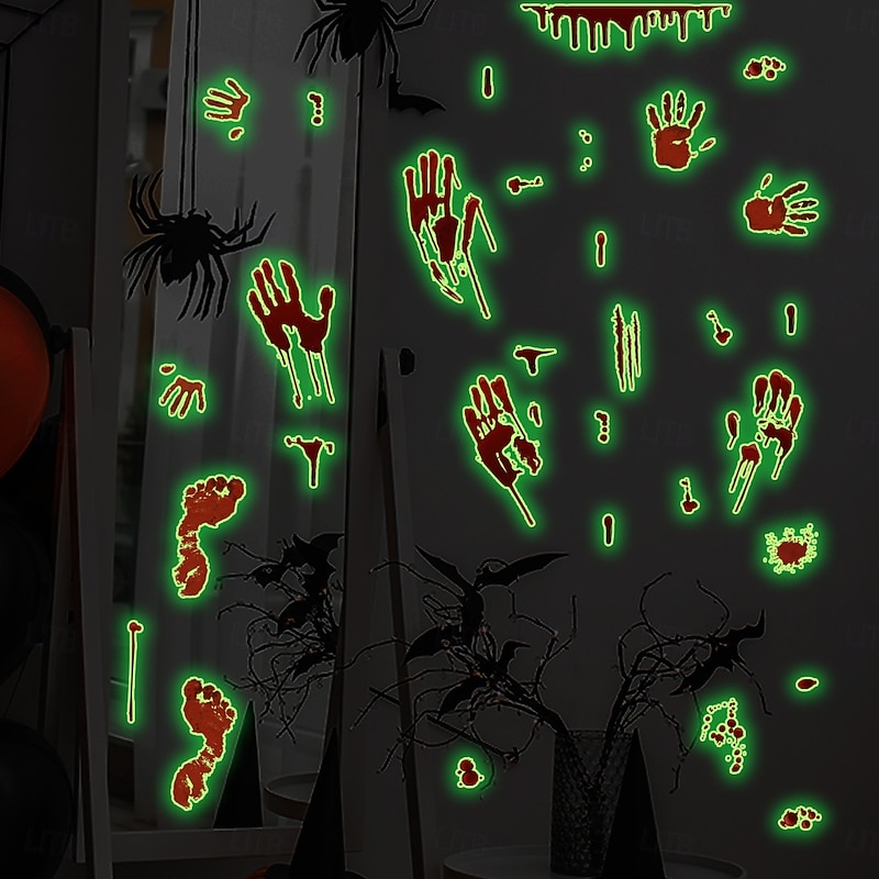 Halloween Decal Stickers Glow in The Dark Decoration, Luminous Bloody Handprints and Footprints Wall Stickers, Self-Adhesive Halloween Atmosphere Decor for Walls and Windows