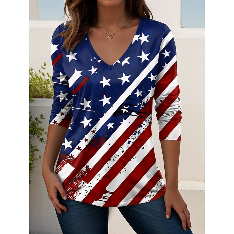 Women's Patriotic T Shirt V Neck Long Sleeve Tunic Geometric National Flag Elegant Vintage Stylish Regular Tops Daily Weekend Print Red Navy Blue Blue  Spring Prefall4