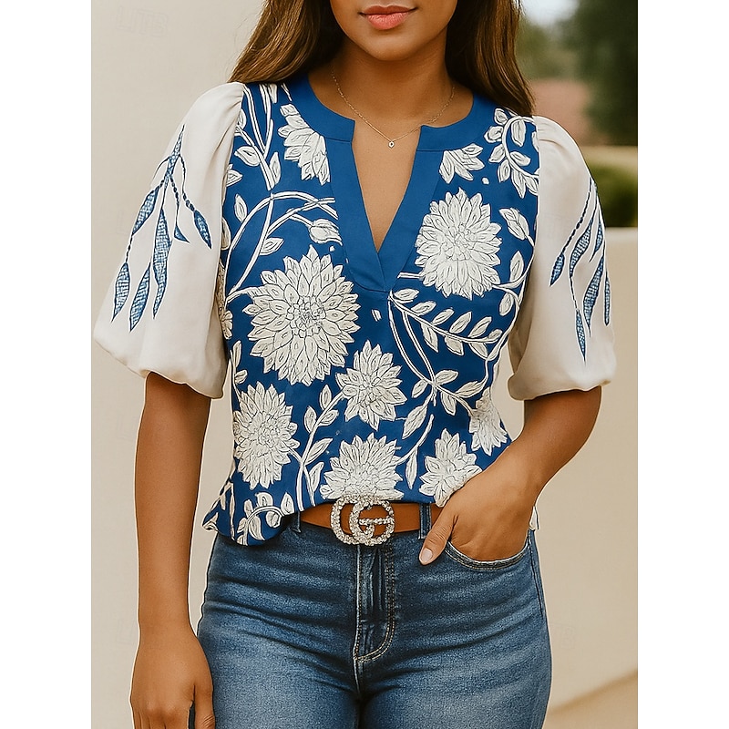 Women's Shirt Summer Tops Casual Beach Half Sleeve V Neck Regular Tops Blue Summer