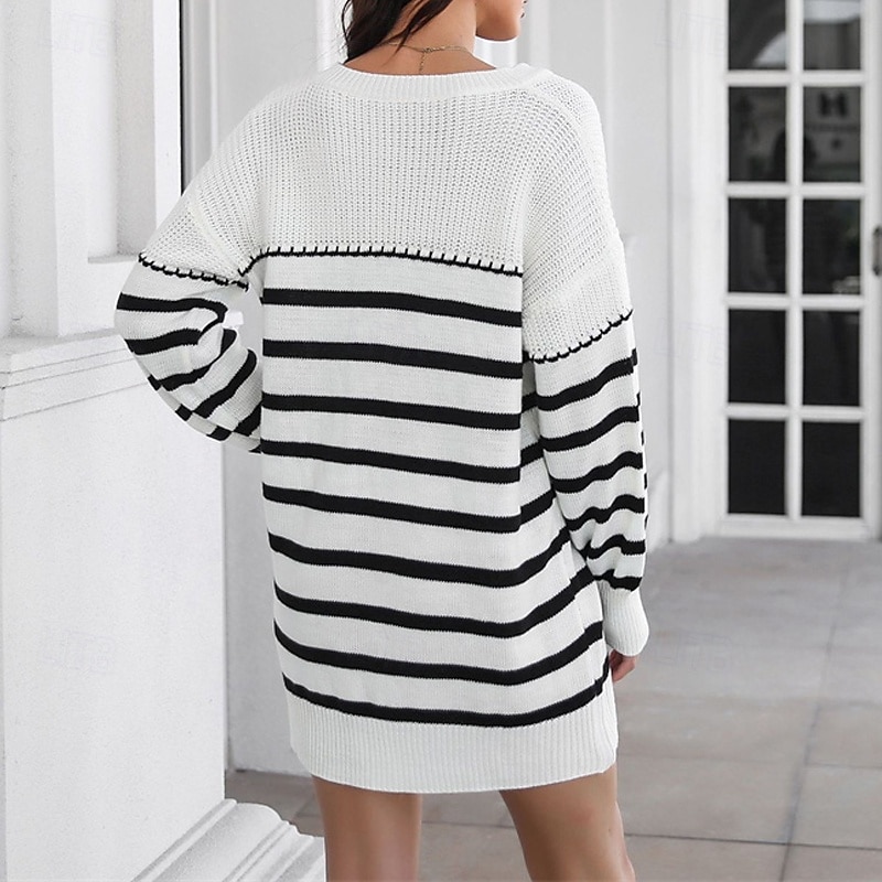 Women's Mini Dress Sweater Dress Casual Dress Fashion Outdoor Party Holiday Regular Fit Striped Long Sleeve V Neck Black White Fall4