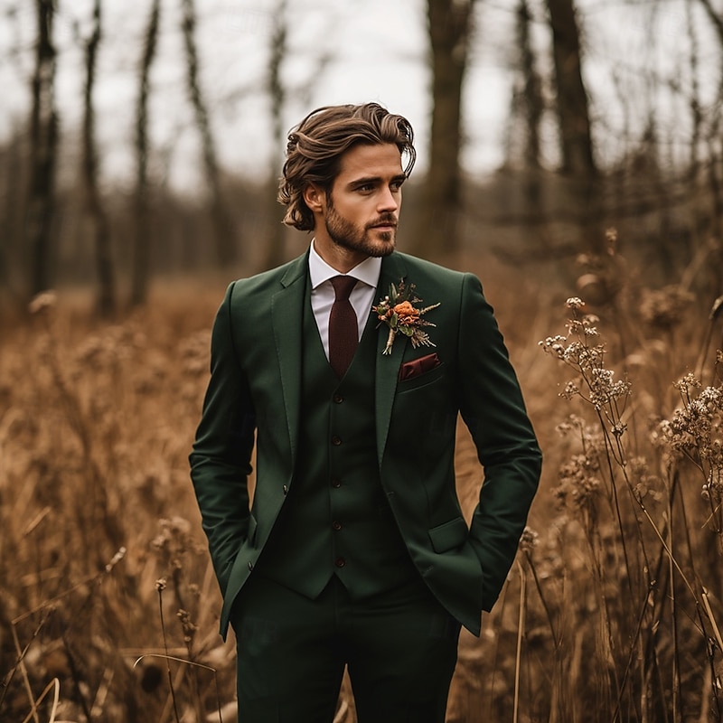 Men's Wedding Suits Notch Lapel Dark Green Fashion Formal Solid Colored Standard Fit 3 Piece Single Breasted Two-buttons2