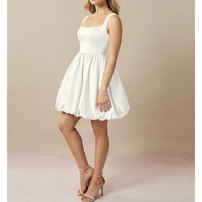 Engagement Little White Dresses Wedding Dresses A-Line Square Neck Sleeveless Short / Mini Taffeta Bridal Gowns With Pleats3
