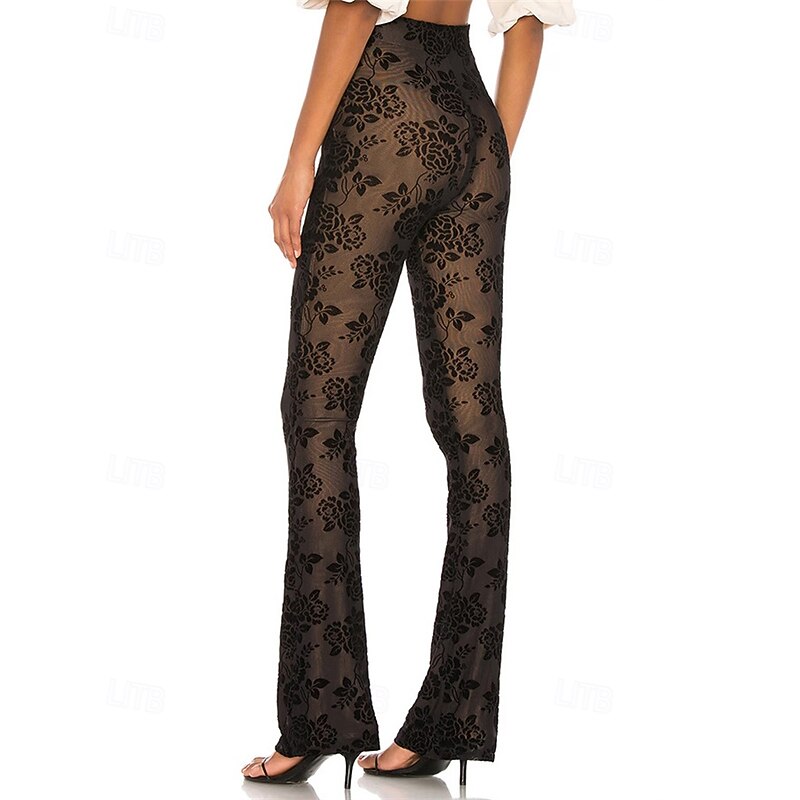 Women's Slacks Pants Trousers Fashion Streetwear Full Length Natural Flower See Through Comfortable Micro-elastic Party Daily Wear Black Summer Spring Regular Fit3