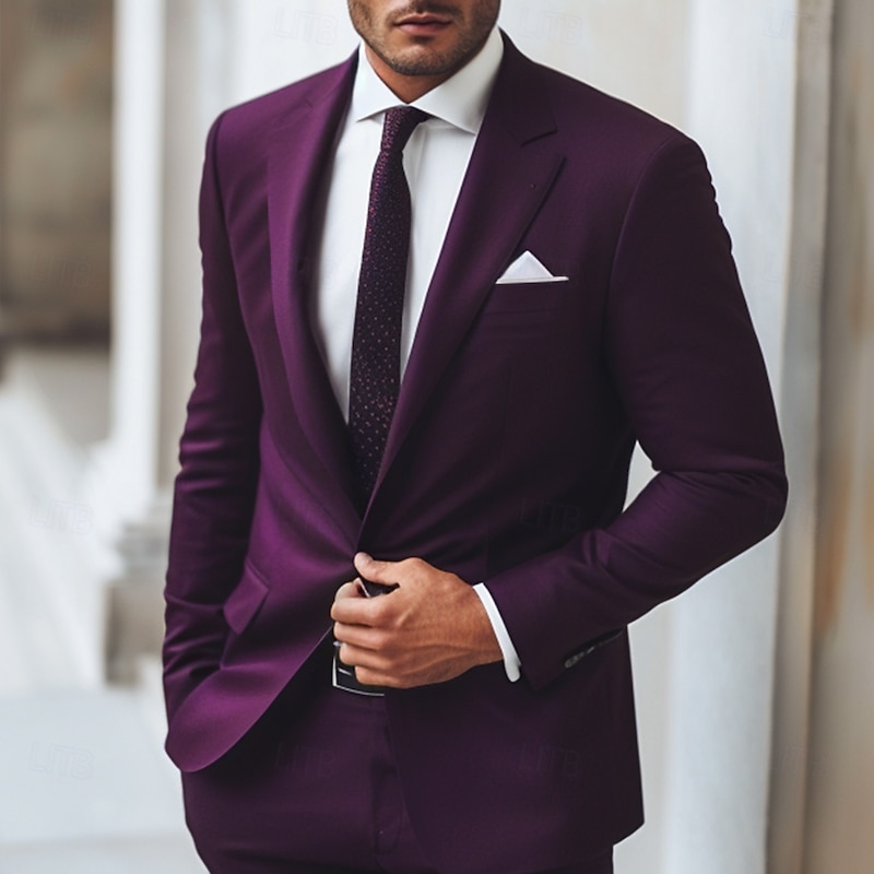 Men's Wedding Business Suits Notch Lapel Grape Royal Blue Formal WorkWear Solid Colored Standard Fit 2 Piece Single Breasted One-button2