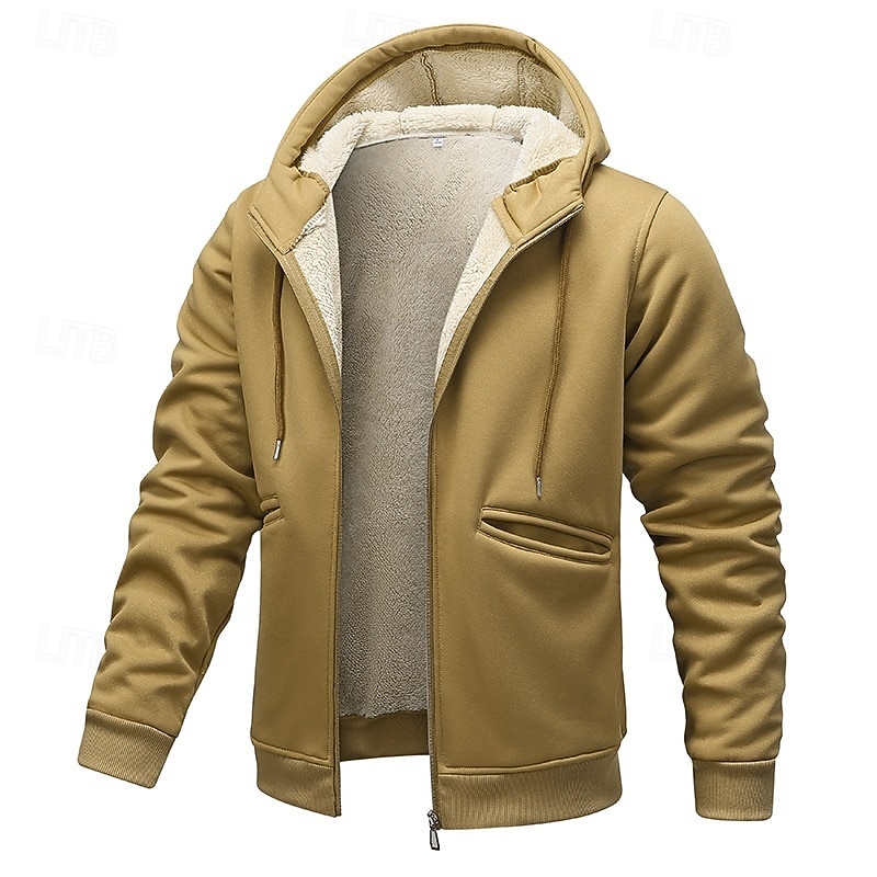 Men's Hoodie Full Zip Hoodie Fleece Hoodie Fleece lined Hoodie Yellow Army Green Khaki Gray Hooded Plain Zip Up Pocket Work Sports & Outdoor Casual Polyester Streetwear Sportswear Casual Fall & Winter2