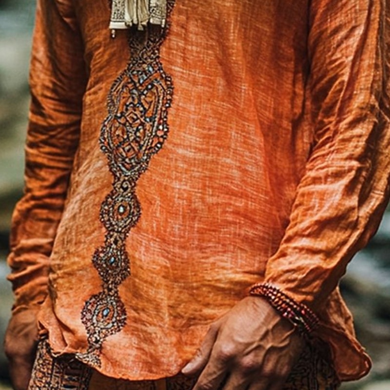 Men's Linen Shirt Summer Shirt Vintage Shirt Ethnic Shirt Long Sleeve Shirt Boho Vacation Street Orange Long Sleeve V Neck Summer Spring Clothing Apparel Ethnic3