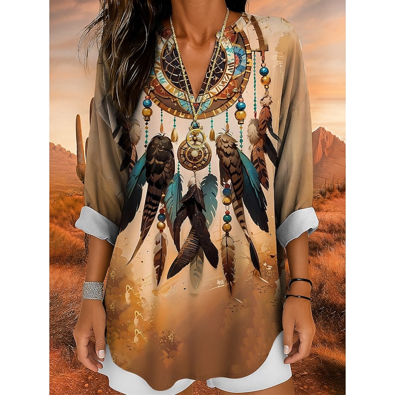 Women's Blouse Tunic V Neck Long Sleeve Boho Casual Tops Ombre Graphic Bohemia Vintage Tropical Regular Tops Daily Wear Print Yellow Red Blue Purple Fuchsia