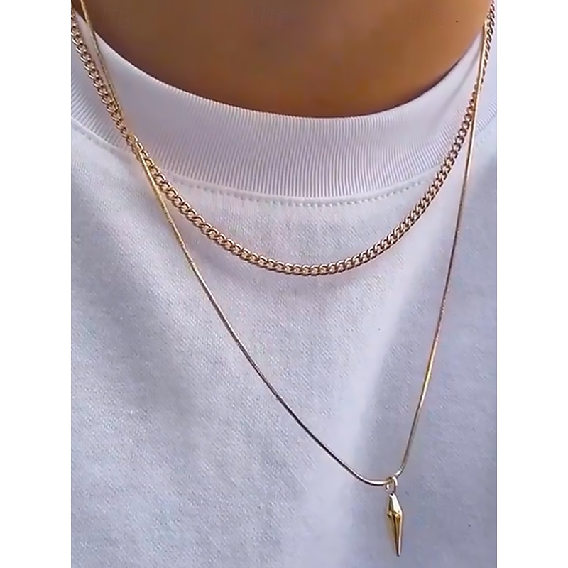 Men's Gold Plated Double Layer Pendant Necklace – Minimalist Cuban Chain and Bullet Charm Jewelry for Streetwear, Parties and Daily Outfits3