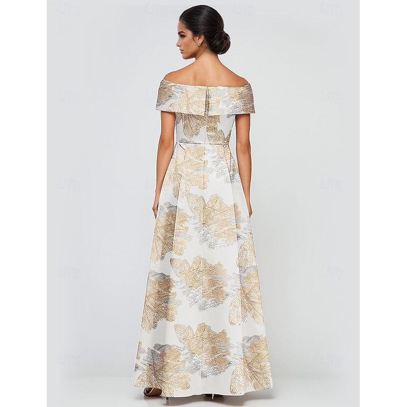 Jacquard Brocade Floral  A-Line Evening Gown Elegant Dress Formal Wedding Floor Length Short Sleeve Off Shoulder Pocket Nylon with Slit Pocket2