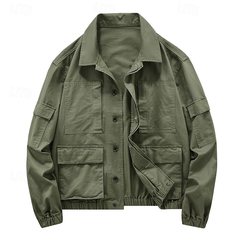 Men's Lightweight Jacket Trucker Jacket Chore Jacket Formal Home Portable Pocket Spring Fall Winter Solid Color Active Vintage Turndown Regular Black Green Khaki Jacket