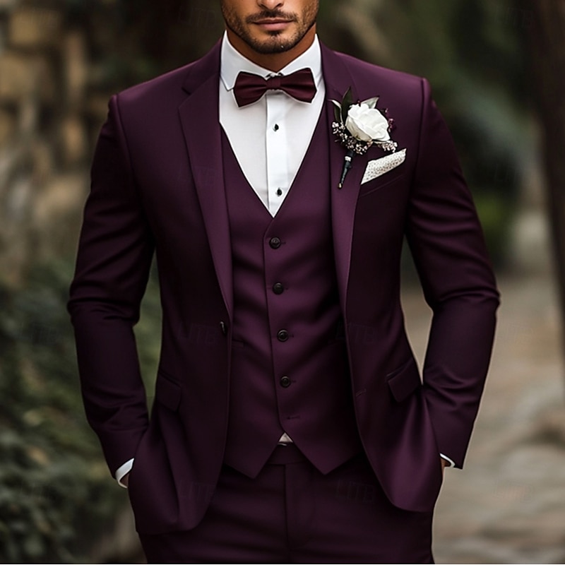 Men's Wedding Party Suits Burgundy Grape Purple Fashion Formal Solid Colored Standard Fit 3 Piece Single Breasted One-button