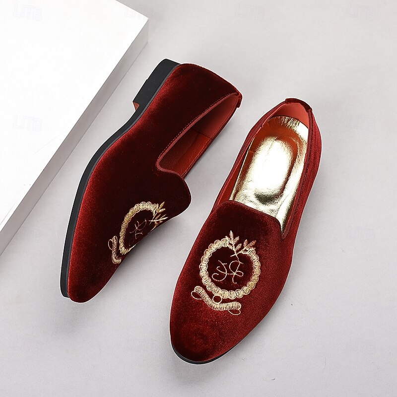 Men's Burgundy Velvet Loafers with Embroidered Crest – Slip-On Party Dress Shoes for Weddings, Banquets & Festive Occasions4