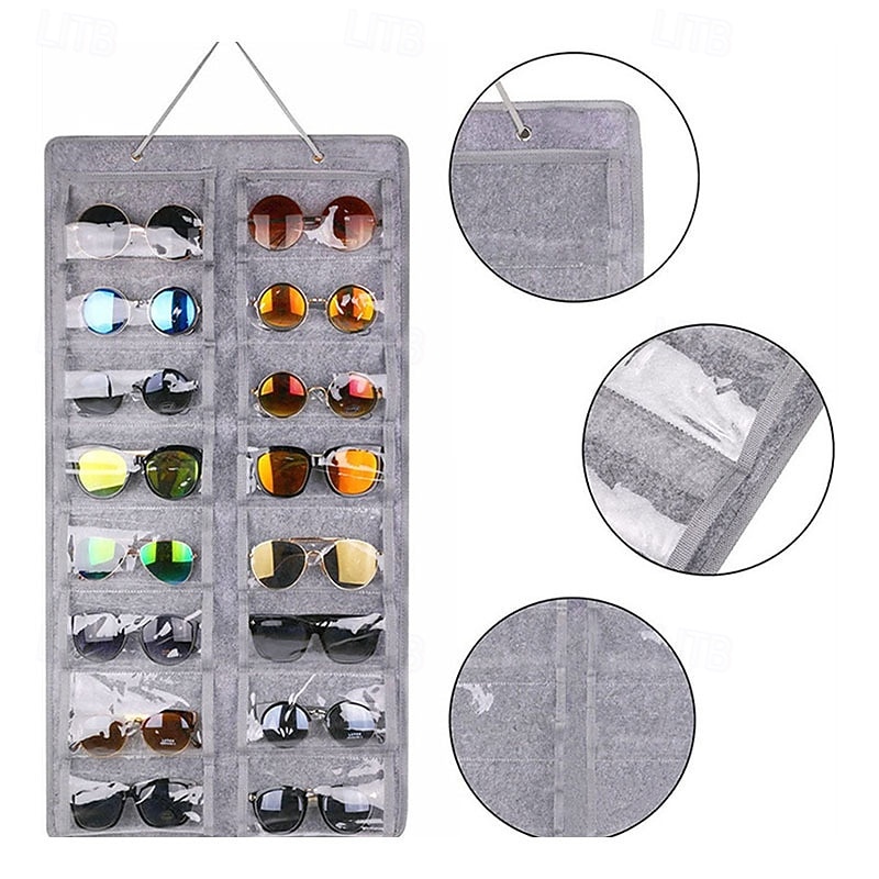 Felt Glasses Organizer Wall Hanging, Foldable Sunglasses Storage Holder for 16 Pairs, Eyeglass Display Rack Pouch for Closet or Door, Space-Saving Eyewear Storage Bag2