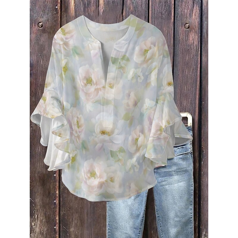 Women's Blouse Floral Stylish Modern 3/4 Length Sleeve V Neck Regular Tops Daily Holiday Ruffle Print Light Green Blue Green Gray Light Blue Summer