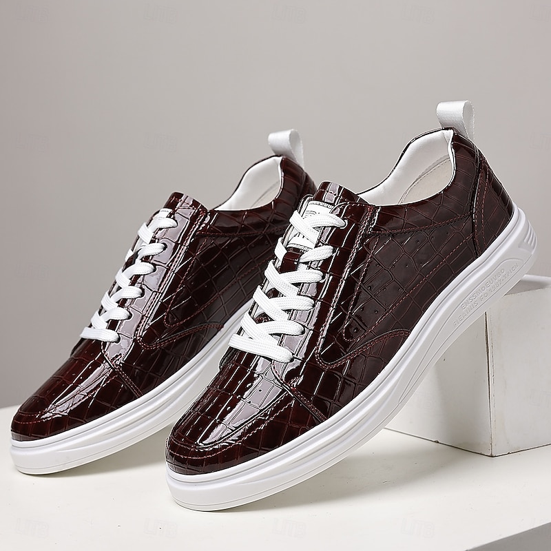 Men's Burgundy Faux Leather Crocodile-Pattern Sneakers – Stylish Lace-Up Casual Shoes for Daily Wear and Fashionable Outings2