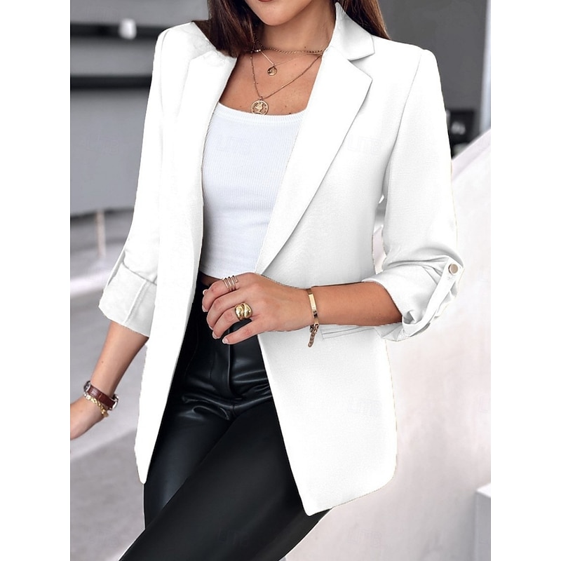 Women's Blazer Breathable Comfortable Pocket Casual Plain Office Street Casual Daily Wear Open Front Regular Turndown Regular Fit Long Sleeve Outerwear Black White Pink Summer4