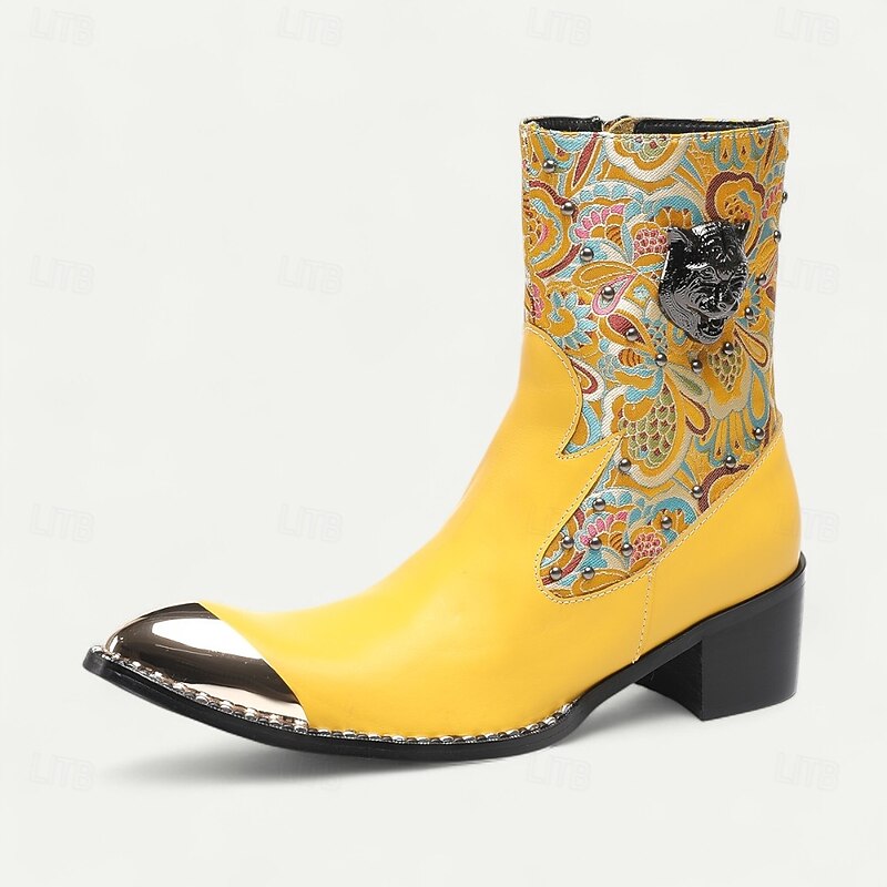 Men's Yellow Retro Biker Boots with Gold Tip Paisley Print–Premium Cowhide Leather Walking Boots for Fashionable Outdoor Adventures3