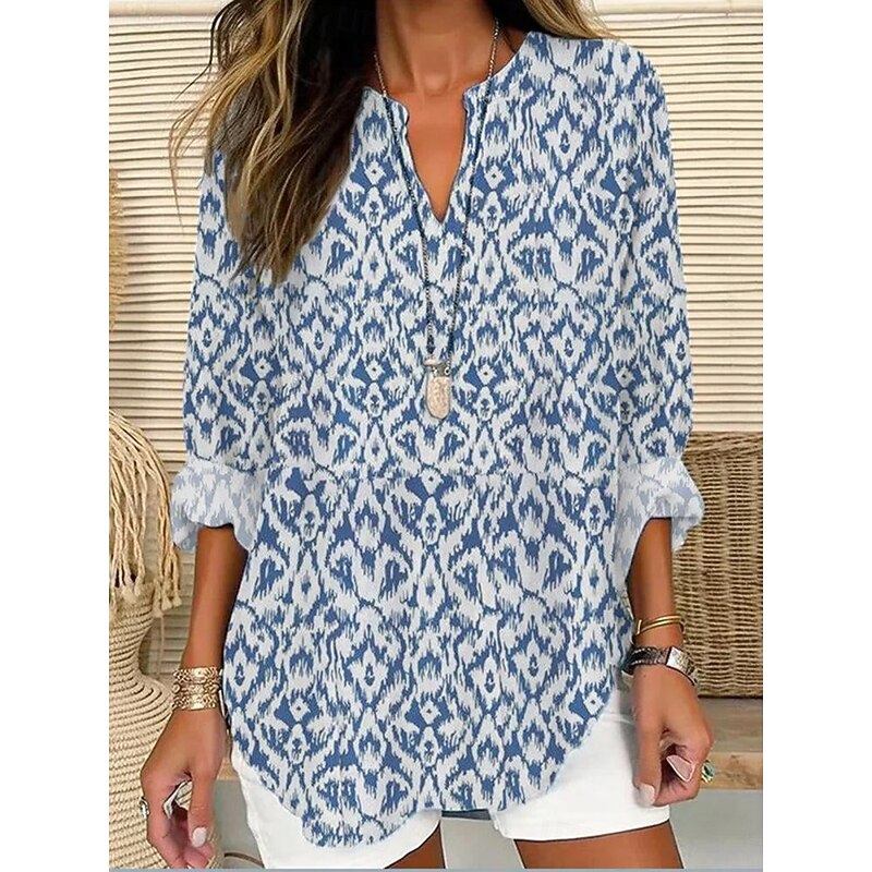 Women's Shirt Floral Striped Stylish Modern Long Sleeve V Neck Regular Tops Daily Holiday Buttons Print Pink Royal Blue Blue Gray Summer2