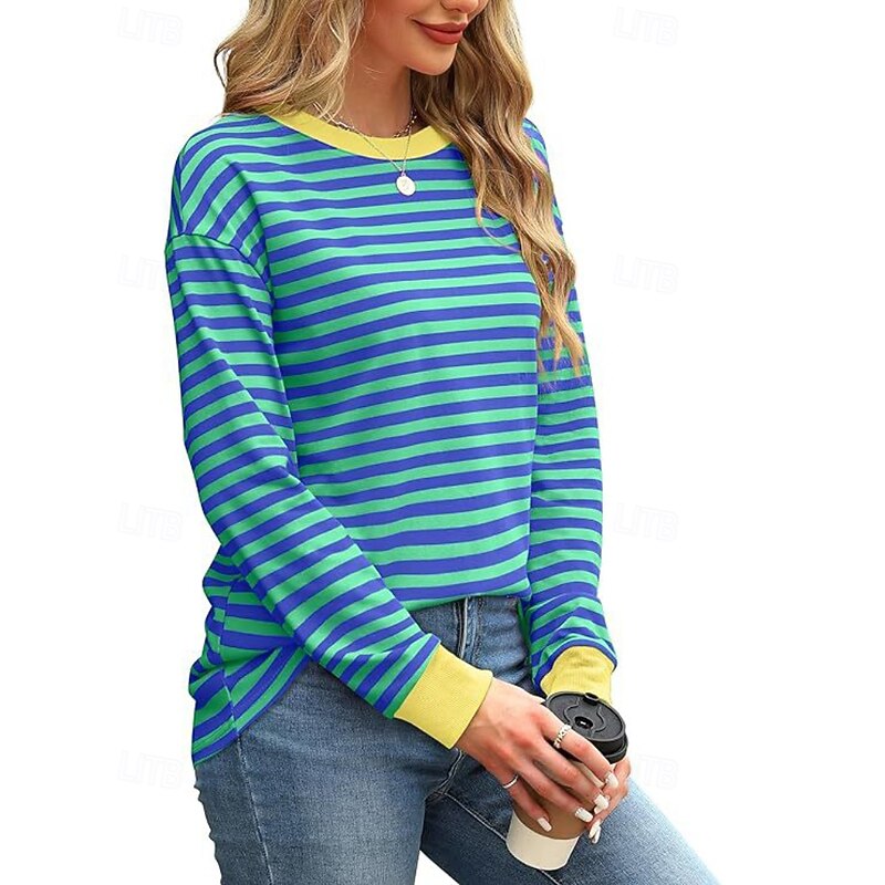 Women's Blouse Striped Modern Casual Long Sleeve Crew Neck Regular Tops Daily Going out Patchwork Blush Pink Black White Light Green Pink Summer2
