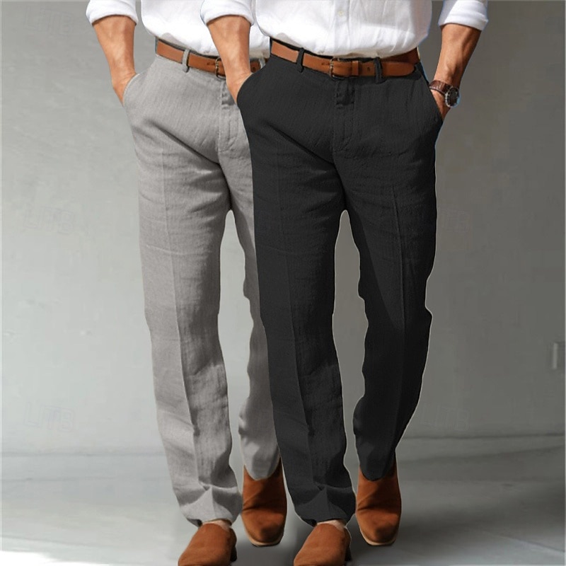 Men's Linen Pants Trousers Dress Pants Summer Pants Front Pocket Straight Leg Multi-pack Plain Comfort Breathable Full Length Formal Business Holiday Fashion Basic Black+Light Grey Blue+Dark Grey4