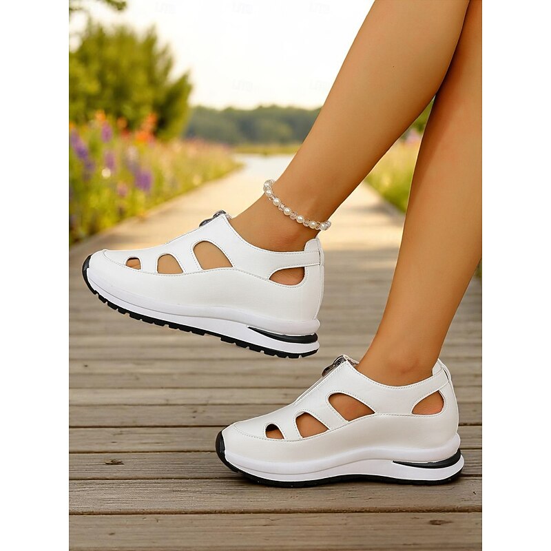 Women's White Sport Sandals with Cutout Design, Zip-Up Lightweight Shoes for Comfort Walks, Active Travel and Daily Errands3