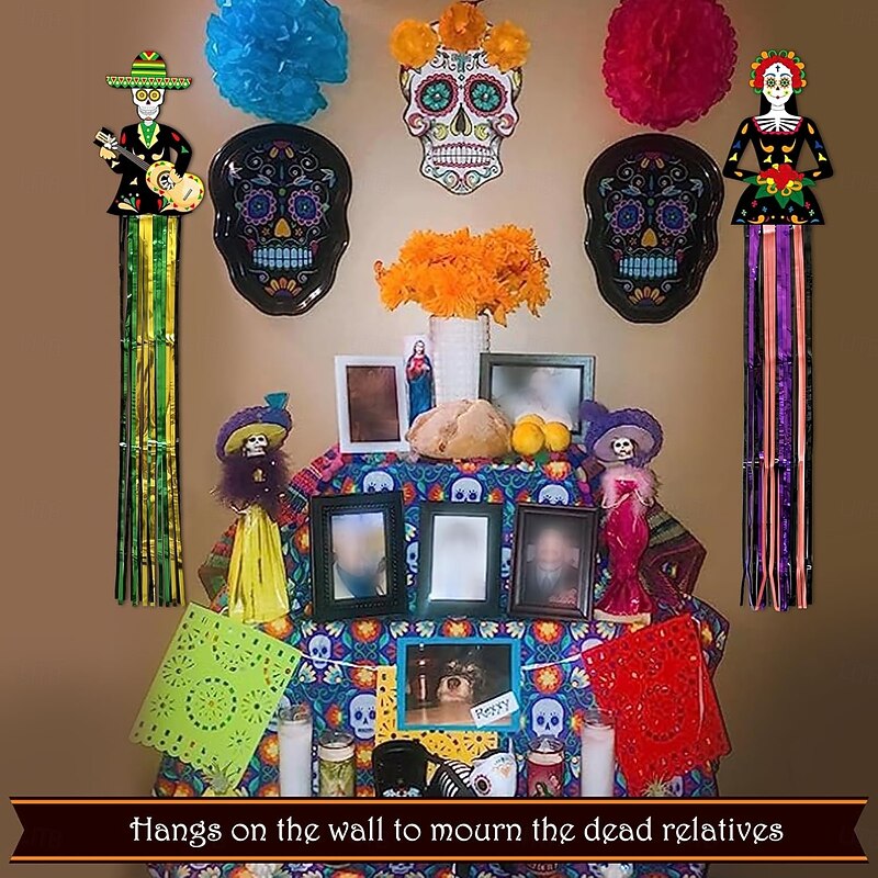 3.6FT Halloween Sugar Skull Hanging Decor Mexican Party Porch Hanging with Metallic Foil Fringe for Mexican Fiesta Halloween Day of The Dead Yard Tree Altar Home Indoor Outdoor4