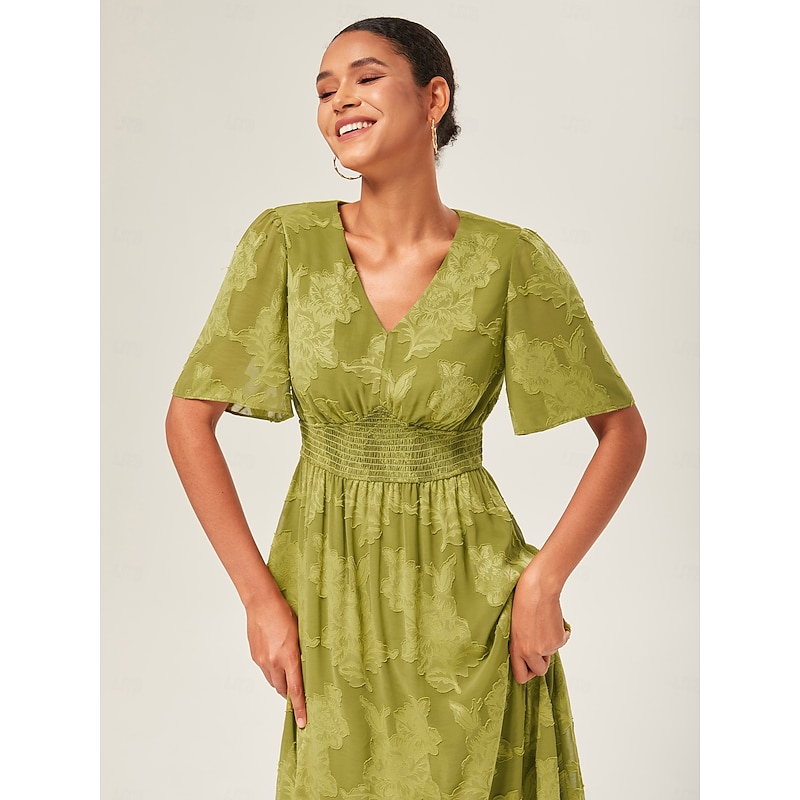 Women's Elegant Dress Green Short Sleeve Jacquard Jacquard Spring & Summer V Neck Elegant Dress Vacation Date S M L2
