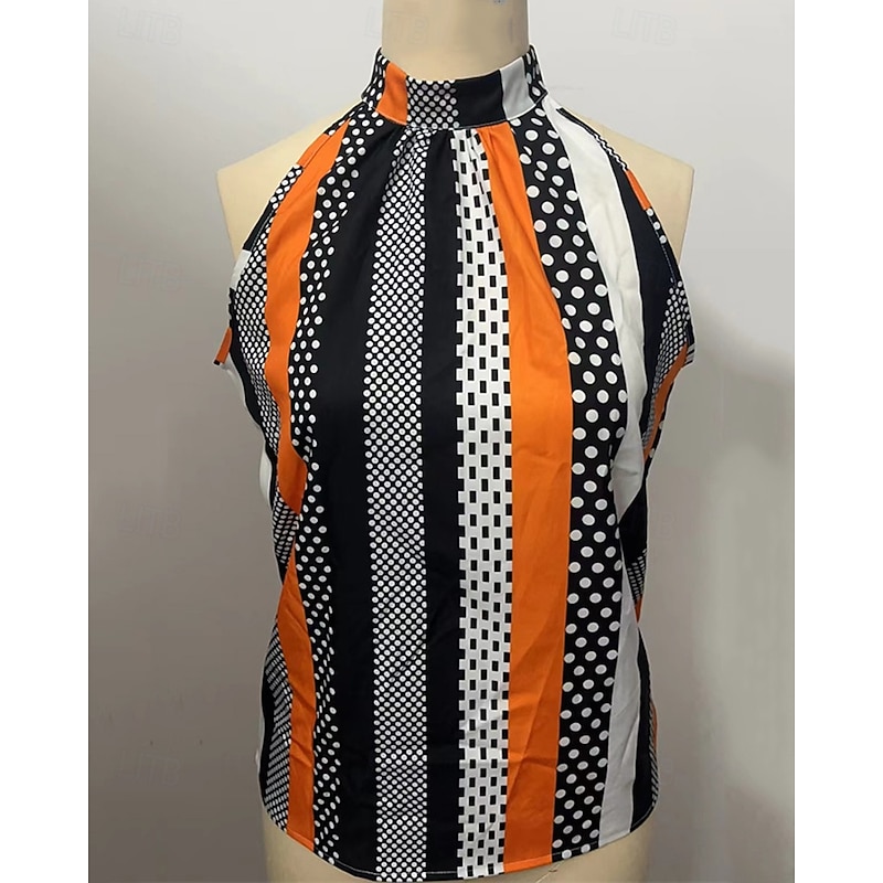 Women's T Shirt Tank Top Tee Top Polka Dot Striped Fashion Modern Sleeveless High Neck Regular Tops Daily Vacation Wear Purple Orange Green Summer3